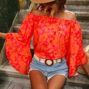 Cognac Boho Smocked Off Shoulder Blouse main image 0